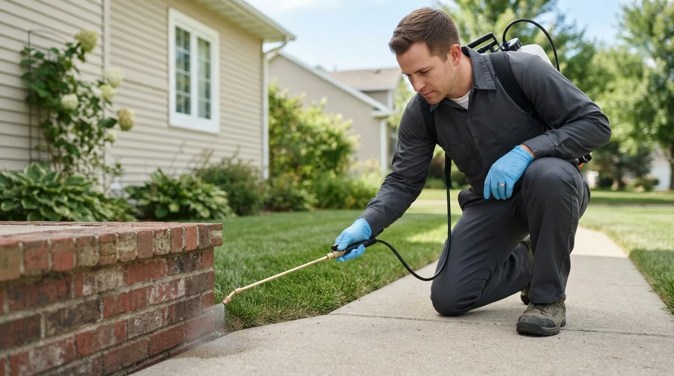 Pest control technician treating a home near Castroville, TX